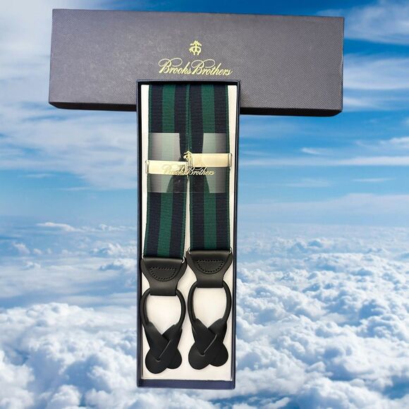 Brooks Brothers Suspenders Adjustable Striped Green Navy/ Black Leather Braces - Picture 1 of 4